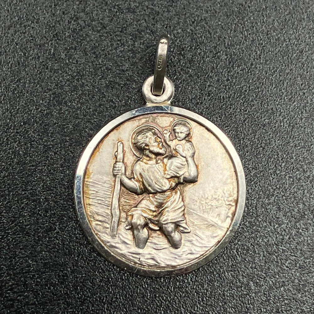 Vintage Sterling Silver St Christopher Pendant Religious Medal 925 Italy .75"